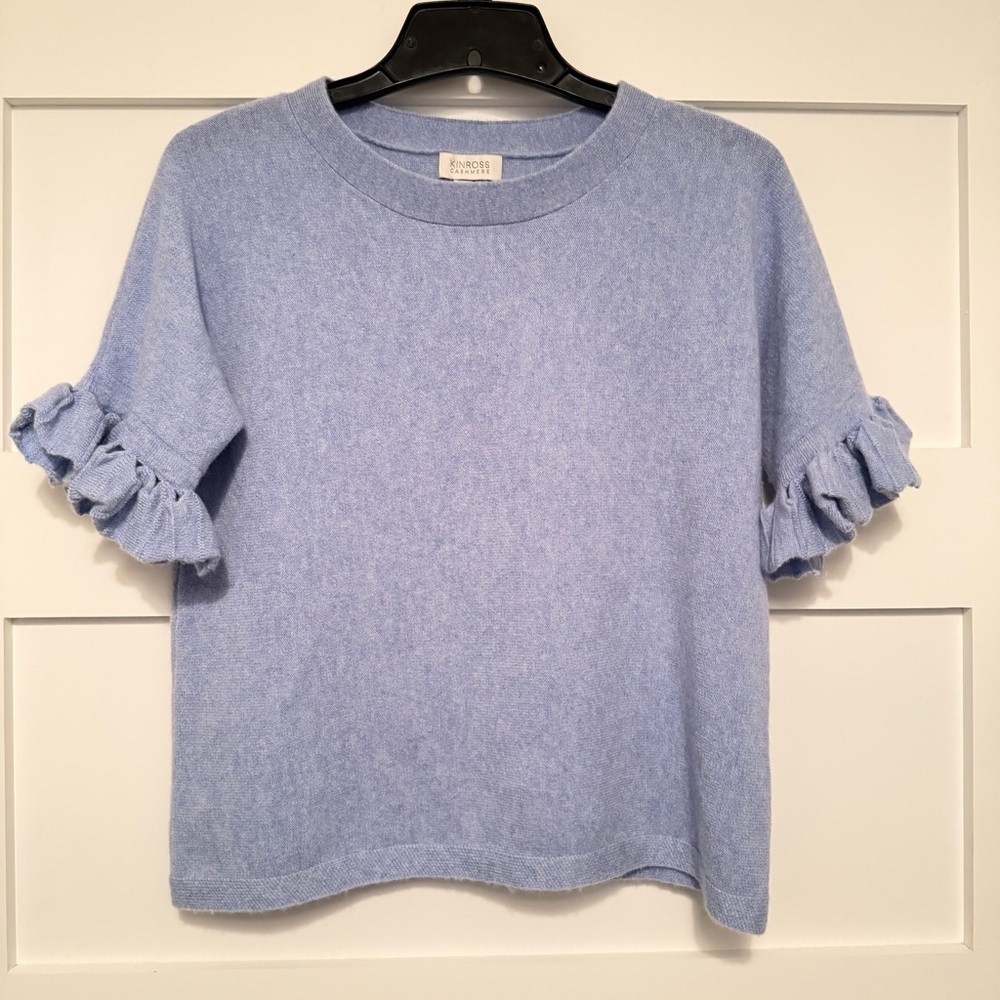 Kinross Blue 100% Cashmere Ruffle Top Size XS 23120
